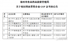 徐州藥監(jiān)局將收回九里區(qū)樂康等5家藥店零售企業(yè)GSP證書